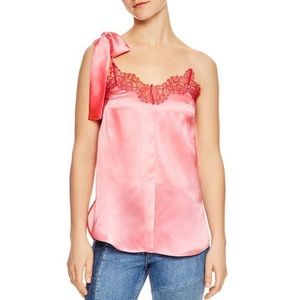Size Small Pink Sandro Silk ‘Emi’ Blouse with Red Lace Detail